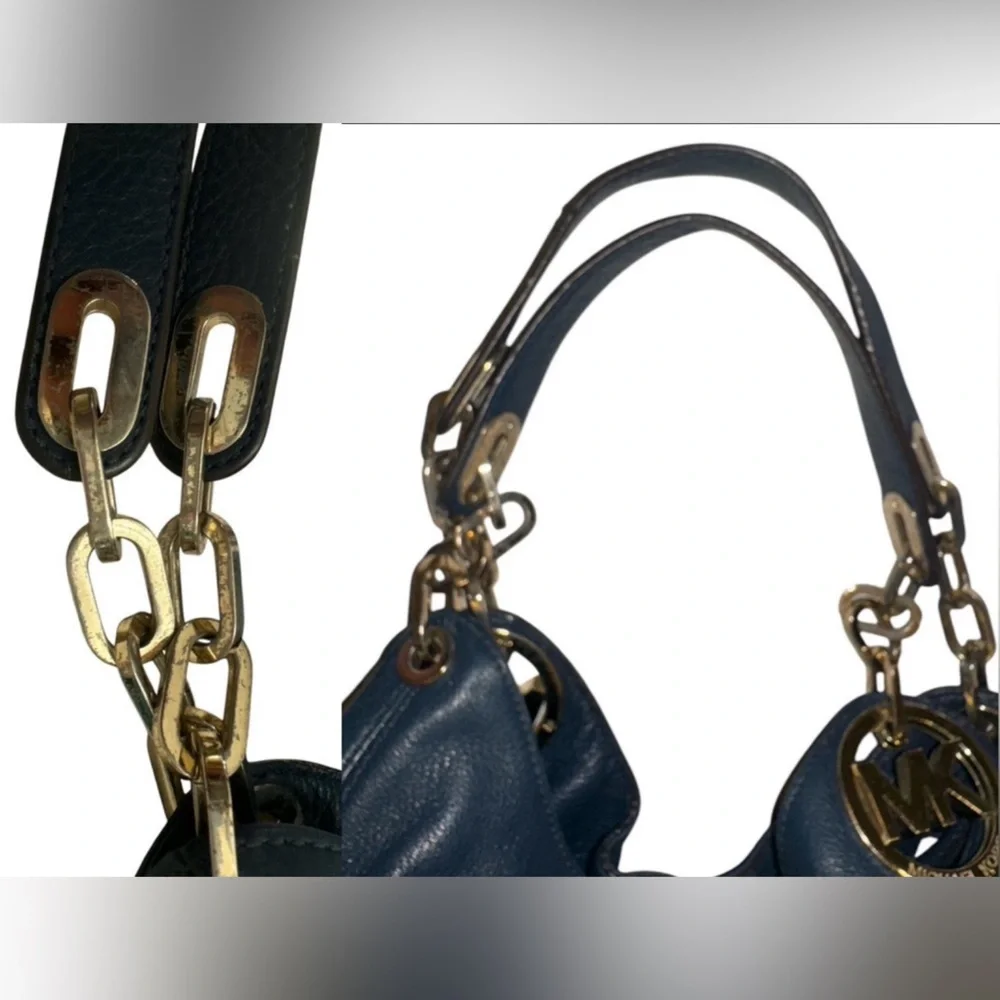 Michael Kors Large Fulton Triple Compartment Hobo Shoulder Bag Navy Leather Gold